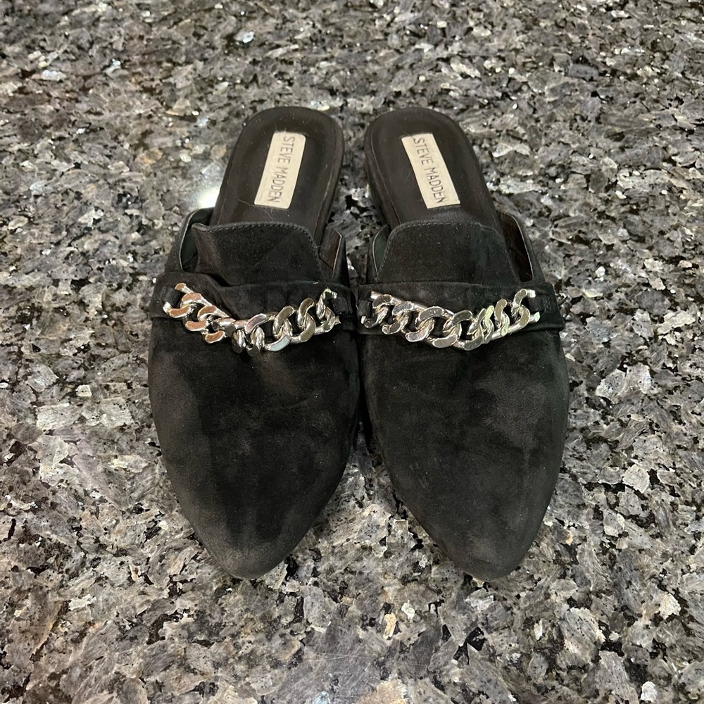 Steve Madden Tylee Black Suede Leather Mules with Silver Chain Accent Size9